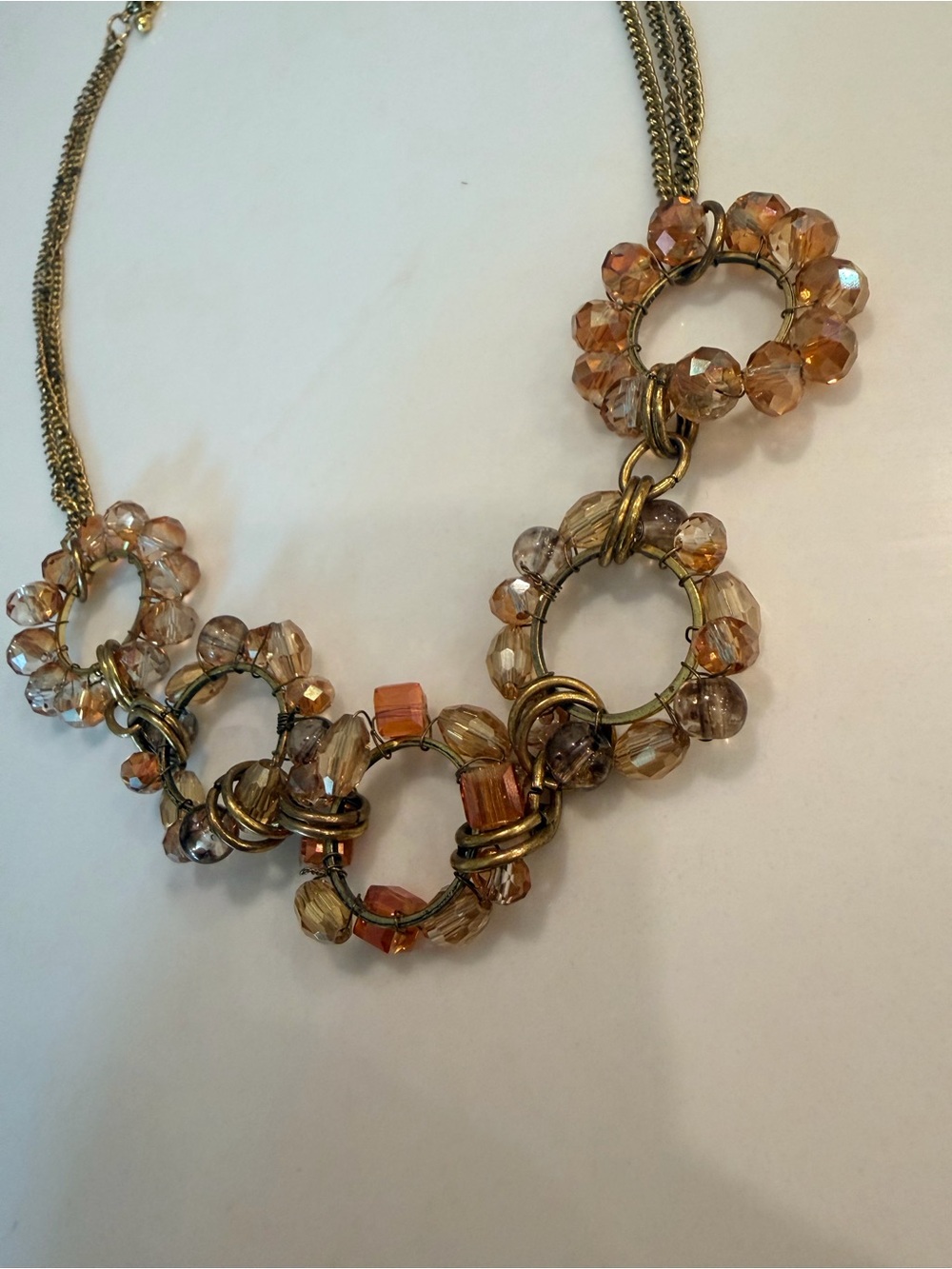 Boho Antique Gold Wire Wrapped Crystal Hoop Bib Statement Necklace